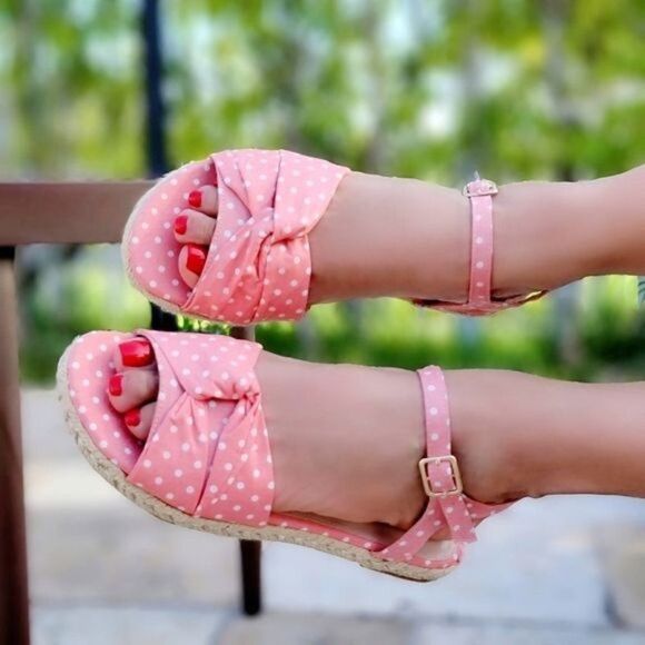 Women's Espadrille Open Toe Polkadot Ankle Strap Flat Sandals Blush Color - Picture 3 of 4